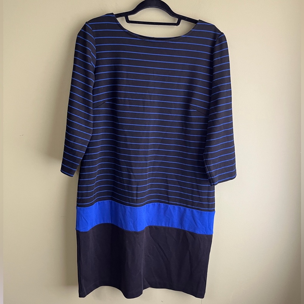 Ronnie Nicole Striped Blue and Black Dress Sz 16 Midi Comfort Stretch 3/4 Sleeve
